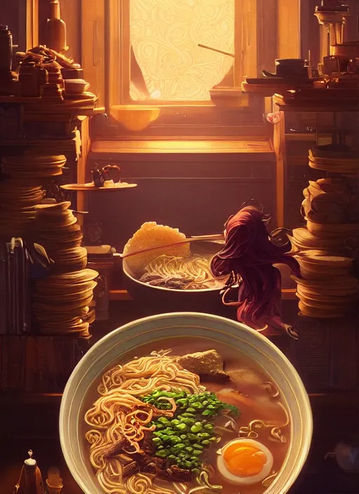 Image similar to highly detailed bowl of lucrative ramen, stephen bliss, unreal engine, fantasy art by greg rutkowski, loish, rhads and lois van baarle, ilya kuvshinov, rossdraws, tom bagshaw, alphonse mucha, global illumination, detailed and intricate environment