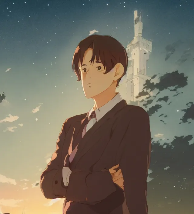 Prompt: portrait of john cleese, japanese town background, starred night sky, sharp details, great lighting, strong shadows, crisp edges, illustration concept art anime key visual trending pixiv fanbox by wlop and greg rutkowski and makoto shinkai and studio ghibli and kyoto animation and macross anime and alphonso mucha