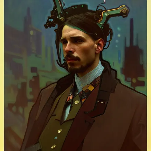 Image similar to portrait of a vicotrian engineer man in suit by alphonse mucha, simon stalenhag and darek zabrocki, cinematic and atmospheric, concept art, artstation, trending on artstation