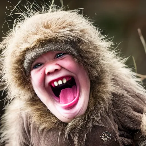 Image similar to photorealistic photograph of female dwarf telling a joke by Suzi Eszterhas, photorealism, photorealistic, realism, real, highly detailed, ultra detailed, detailed, f/2.8L Canon EF IS lens, Canon EOS-1D Mark II, Wildlife Photographer of the Year, Pulitzer Prize for Photography, 8k