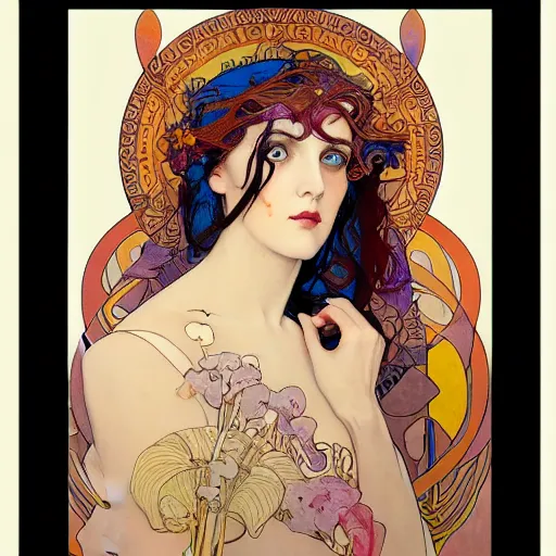 Image similar to The Goddess of Art, beautiful eyes, symmetrical face, paint, ink, palettes, spectrum, in the style of Joshua Middleton, Mucha, Kandinsky