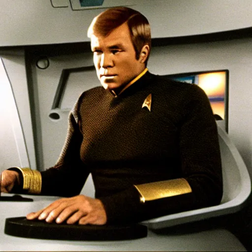 Prompt: captain kirk sitting in the captains chair on the bridge of the starship enterprise