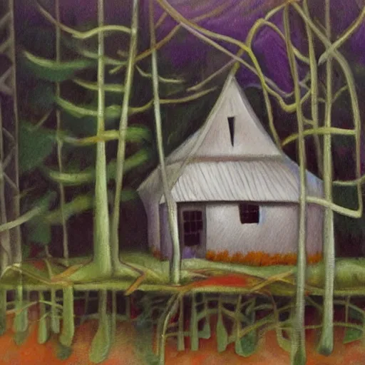 Image similar to a painting of a eerie cabin in the middle of the woods in the style of alice bailly