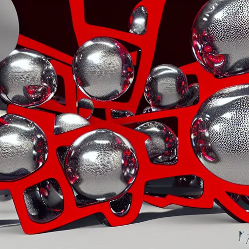 Prompt: chrome spheres on a red cube by pieter de ring