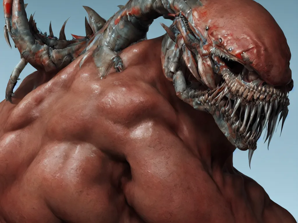 Prompt: game concept art, muscular, crustacean head, sharp teeth, hyperrealism, artstation, cgsociety, zbrush, no background