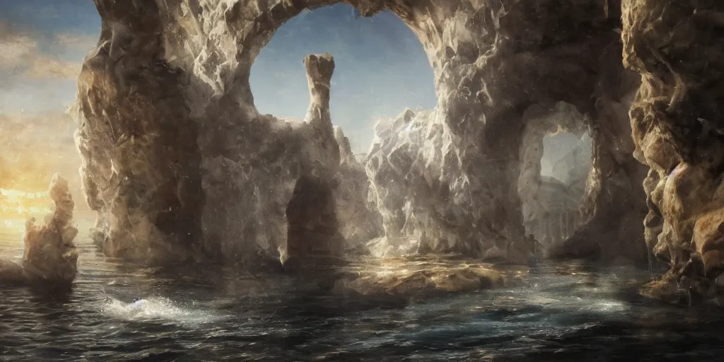 Image similar to The shadow of the dome of pleasure Floated midway on the waves; Where was heard the mingled measure From the fountain and the caves. It was a miracle of rare device, A sunny pleasure-dome with caves of ice!, cinematic lighting, detailed oil painting, hyperrealistic, 8k