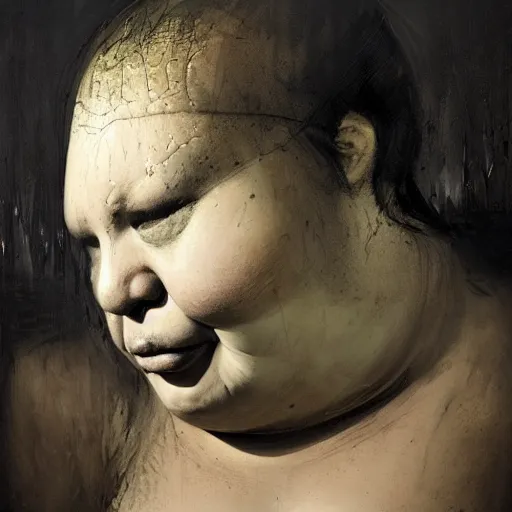 Image similar to portrait of the face of big fat old sumoringer as despair from sandman, venus of willendorf, by jeremy mann, by gregory crewdson, by bastien lecouffe deharme, by russ mills, sad face, topknot, black hair, mourning, black eyes, white room, soft lightning, high detailed, 8 k