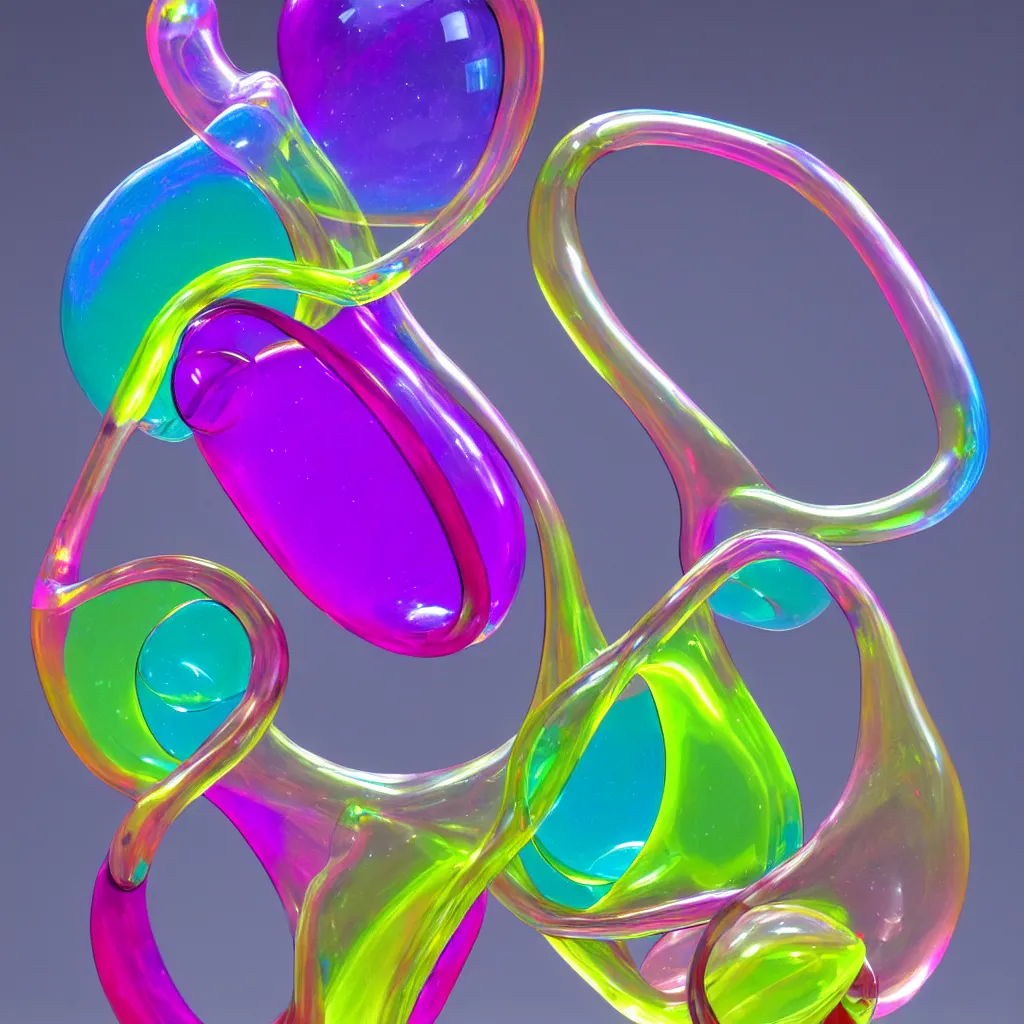 Prompt: unfinished klein bottle sculptural, chroma iridescence, colors, glassy, reflective and refractive, soap bubbles floating, architecture