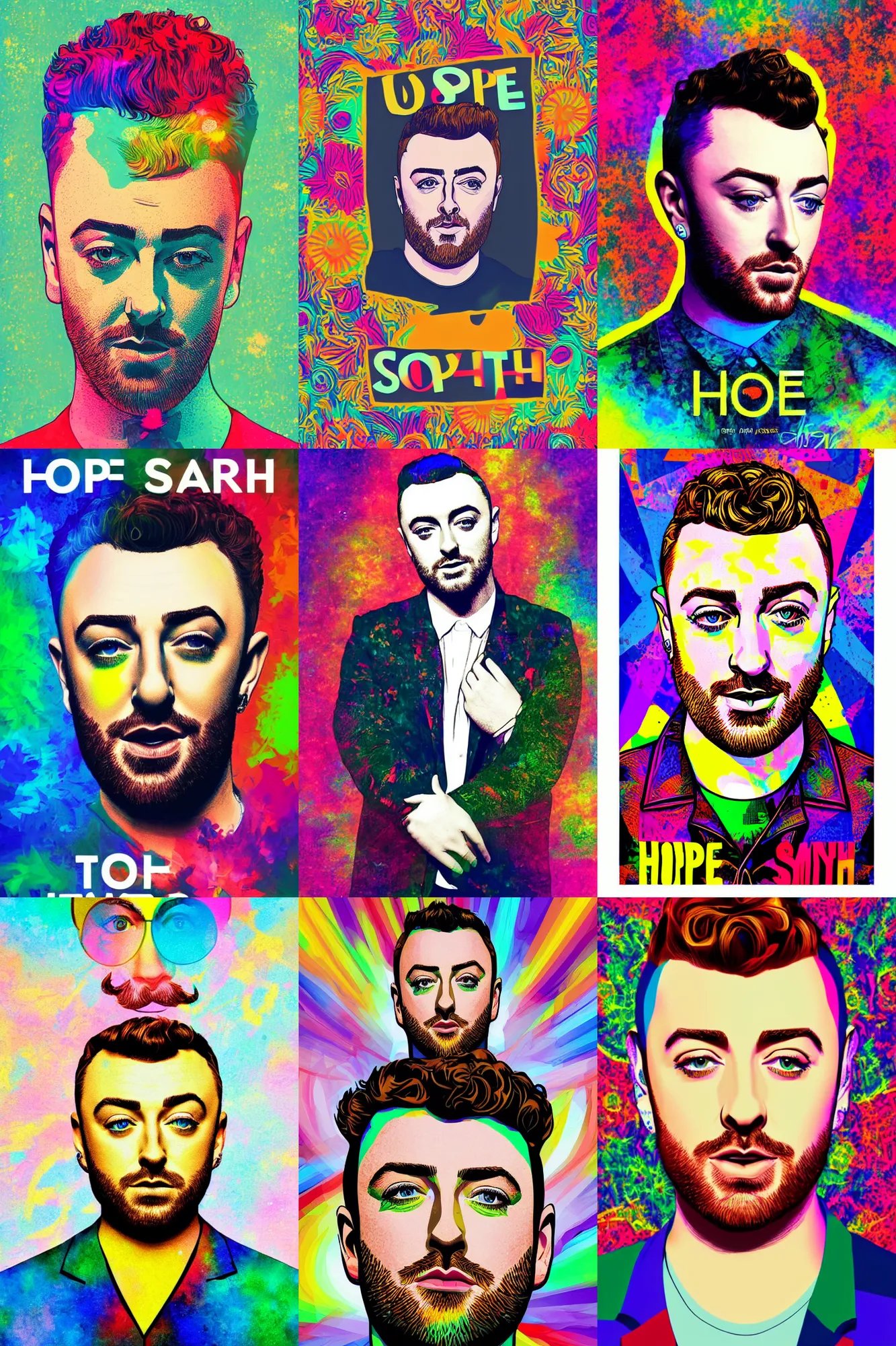 Prompt: inspirational style hope poster of sam smith with beard, psychedelic colors, highly detailed, realistic, loving