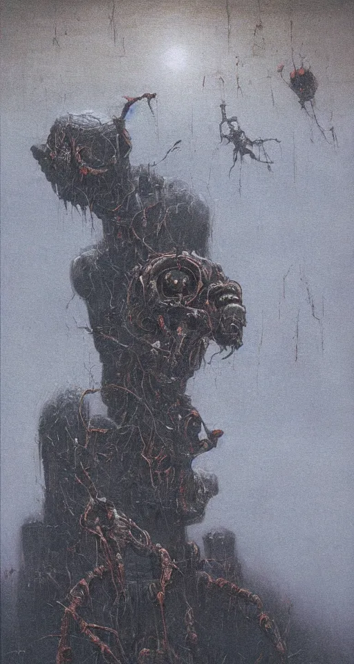 Image similar to Painting in a style of Beksinski featuring a giant robotic monster yelling in the dark, creepy, pain, suffering in the background