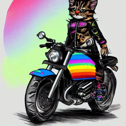 Image similar to wide angle full body, jacket wearing fluffy cute rainbow kitten wearing a black leather motorcycle jacket, riding on a motorcycle, cinematic concept art