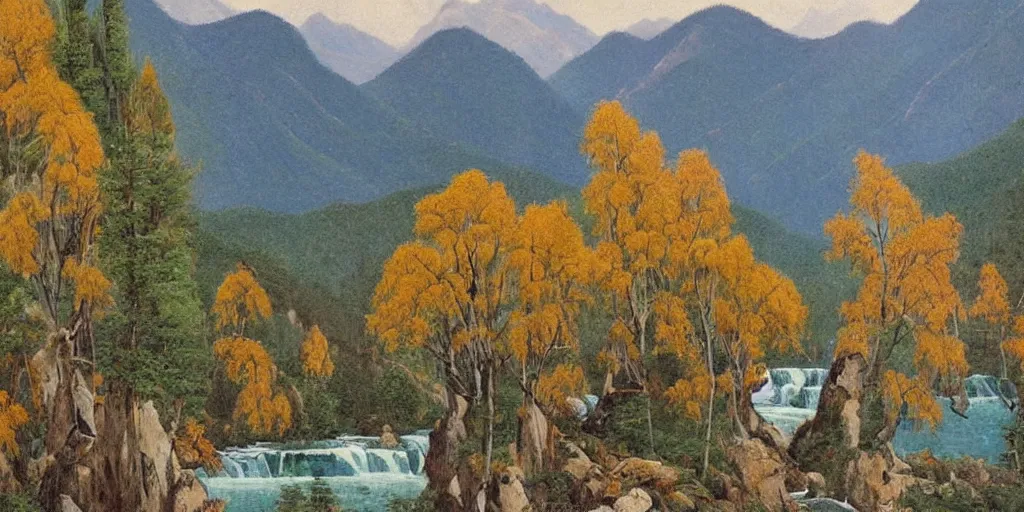 Prompt: art by abbott fuller graves of the cinematic view of the jiuzhaigou valley forest