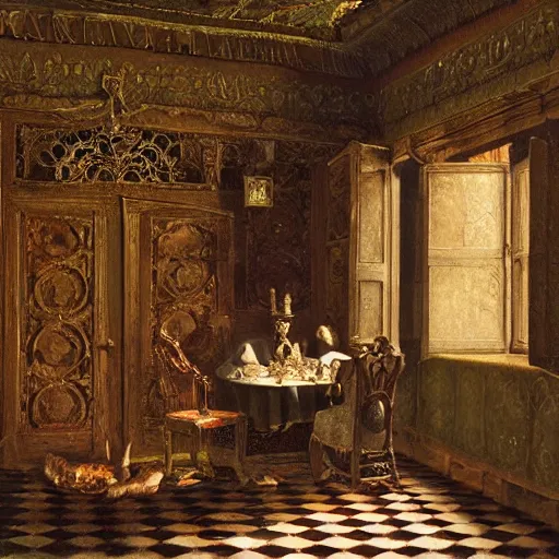 Prompt: illustration of an elaborate miniature tabletop haunted house under an ornate glass dome, by paulette tavormina and vermeer and rudolf ernst and clara peeters, hyper realistic, extremely detailed, dramatic lighting, goth, victorian