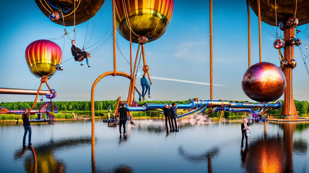 Image similar to large colorful futuristic space age metallic steampunk steam - powered balloons with pipework and electrical wiring around the outside, and people on rope swings underneath, flying high over the beautiful klaipeda in lithuania city landscape, professional photography, 8 0 mm telephoto lens, realistic, detailed, photorealistic, photojournalism