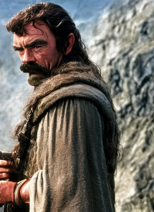 Image similar to film still of tom selleck as gimli in lord of the rings, 4 k