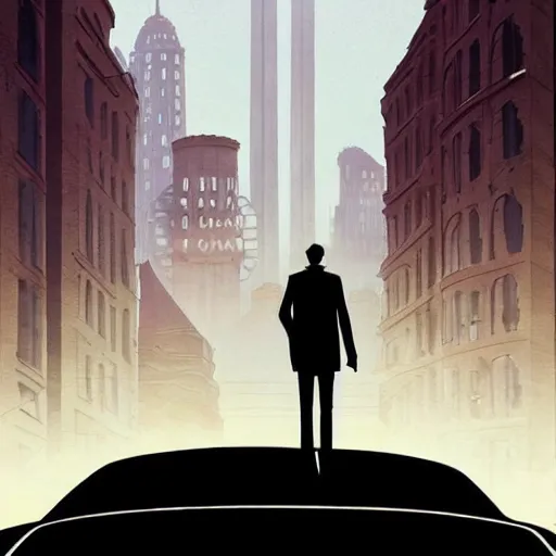 Image similar to a tall man standing next to a huge car, city in the background, people walking in the distance, reflections on wet streets, dieselpunk style, steampunk, art by jean giraud and moebius ; architecture by francois schuiten, beautiful illustration, drawing, painting, clean lines, digital art, symmetric, colorful retrofutur, artstation