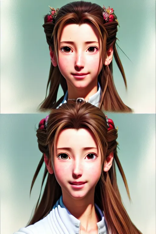 Image similar to subject : detailed full body portrait illustration of aerith gainsborough perfect face, medium : oil on canvas, style : realistic pose study portrait, maximalist, accurate, full color chiaroscuro artist : tetsuya nomura, 4 k, focus : full body and head