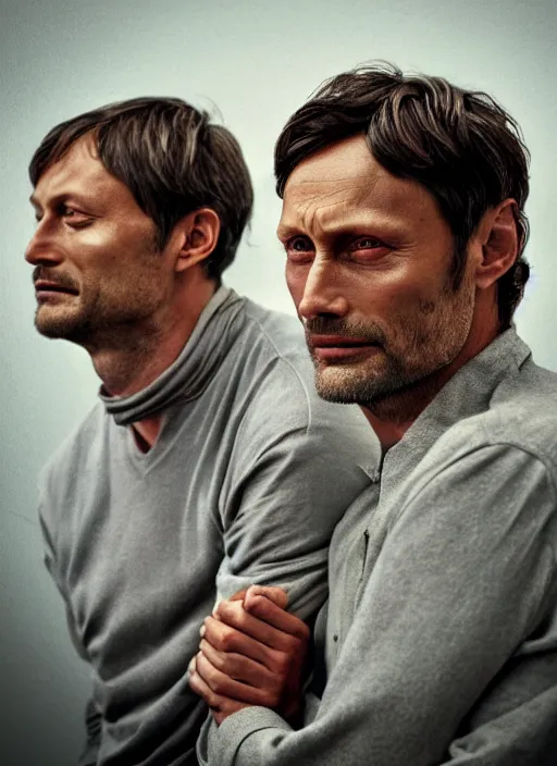 Image similar to close up portrait of Mads Mikkelsen!!! and Hugh Dancy!!! holding hands romantically as they chaperone school dance by ((Zdzislaw Beksinski)), Michael Whelan, Bob Larkin and Tomer Hanuka, simple illustration, domestic, nostalgic, clean, Matte painting, trending on artstation and unreal engine, New Yorker magazine cover