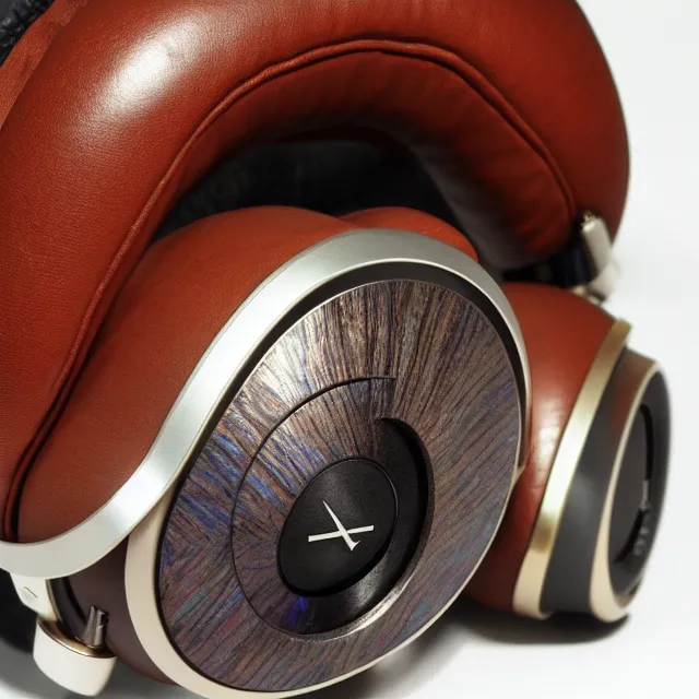 Image similar to masterpiece photo of beautiful hand crafted artistic exquisite metal headphones, bismuth rainbow metal, bismuth cups, plush leather pads, displayed on mahogany desk, modernist headphones, bismuth beautiful well designed, hyperrealistic, audiophile, intricate hyper detail, extreme high quality, photographic, audeze, sennheiser, bang olufsen, abyssal