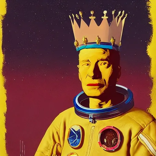 Image similar to portrait of a king with crown in astronaut suit by Andy warhol and Petros Afshar and Beeple, Edward Hopper and James Gilleard, Zdzislaw Beksinski, Mark Ryden, Wolfgang Lettl highly detailed