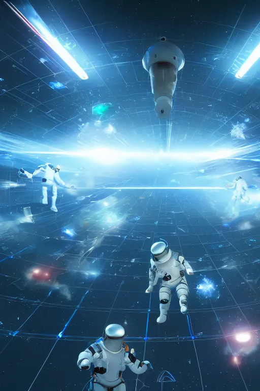 Prompt: wide view of a dozen futuristic spacemen firing lasers, zero gravity, floating, in space, bright, hiding behind obstacles, surrounded by a laser grid, stars visible, unreal engine, lensflares, low perspective, fish eye