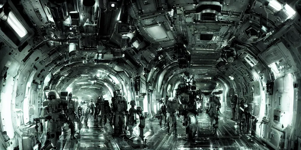 Prompt: a tight shot of a dark Alien ship interior corridor by Ridley Scott with lots of steam and astronauts with guns, high contrast, Aliens movie, grainy, moody, dark, bleak, green tones