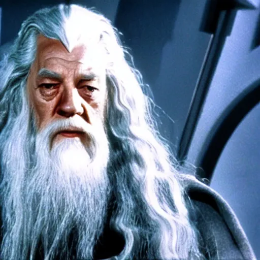 Prompt: A still of Gandalf in Star Trek