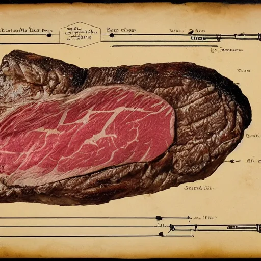 Image similar to highly detailed schematic of steak, parchment, da vinci