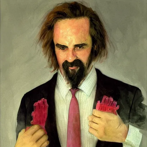 Image similar to Portrait of a handsome man with thick mutton chops. shaved chin, wearing a suit. colorful necktie, pale white face, long messy hair, long hair, ((red)) baggy eyes, tired eyes, tired face, disco smile, watercolor, brushstrokes, high detail, artstation, medium detail, by Ilya Repin and Dave McKean