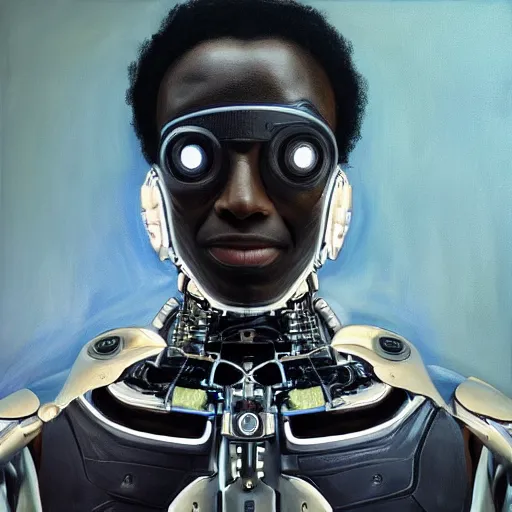 Image similar to a realistic oil painting of a black man as a cybernetic cyborg, surrealism portrait, surrealism album cover