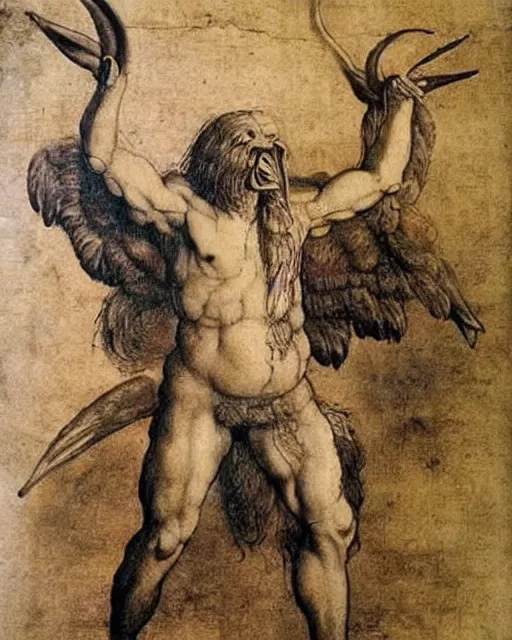 Prompt: human / eagle / lion / ox hybrid with two horns, one big beak, mane, human body. drawn by leonardo da vinci
