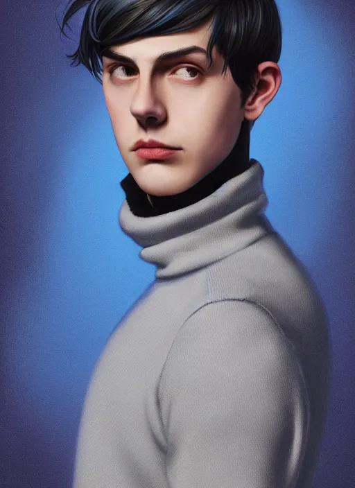 Image similar to portrait of teenage jughead jones wearing a light grey crown, crown, blue turtleneck, closed eyes, photorealistic, black hair, glowing lighting, intricate, elegant, glowing lights, highly detailed, digital painting, artstation, concept art, smooth, sharp focus, illustration, art by wlop, mars ravelo and greg rutkowski