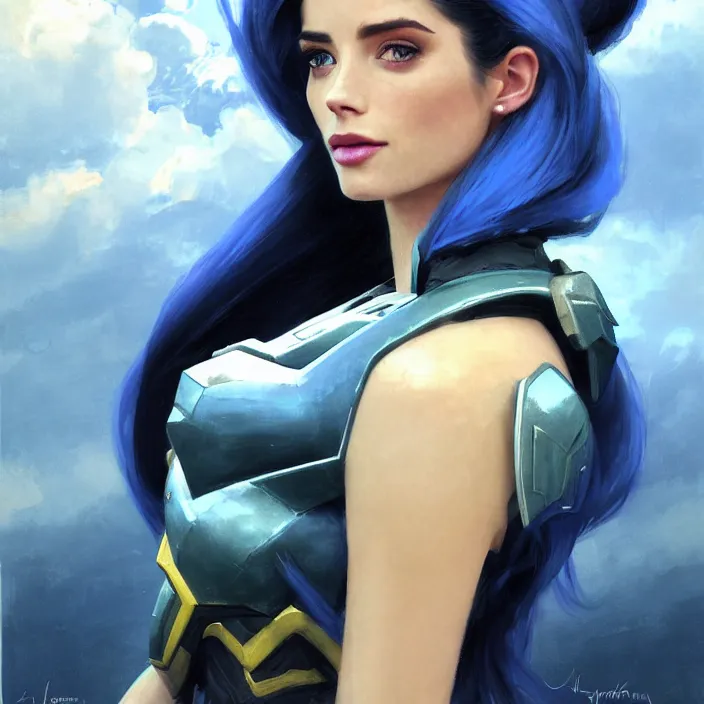 Prompt: portrait of a combination of Ashley Greene, Adriana Dxim, Grace Kelly and Lily Collins with blue hair wearing Interceptor's armor from Anthem, countryside, calm, fantasy character portrait, dynamic pose, above view, sunny day, thunder clouds in the sky, artwork by Jeremy Lipkin and Giuseppe Dangelico Pino and Michael Garmash and Rob Rey and Greg Manchess and Huang Guangjian, very coherent asymmetrical artwork, sharp edges, perfect face, simple form, 100mm