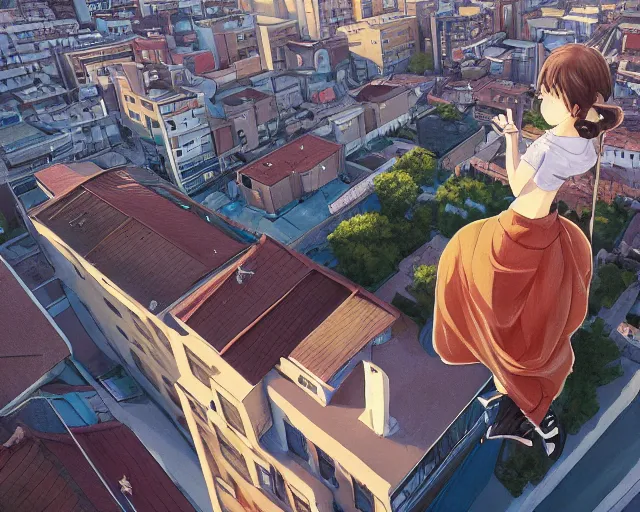 Image similar to teen standing on the roof of a building, sunset, bird eye view, fisheye view, illustration, by pine ( ハイネ ) and 薯 子 imoko and 香 川 悠 作 and wlop and maya takamura, highly detailed, trending artstation, pixiv, digital art