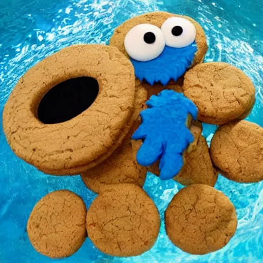 Prompt: cookie monster swimming in a pool