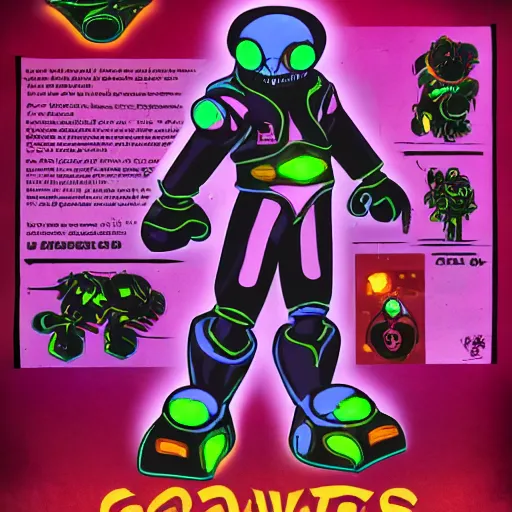 Image similar to official character sheets for a new vampire squid casual mech suit, art by tim schafer black velvetopia art for psychonauts from double fine studios, black light rave, bright neon colors, spray paint, punk, tall thin build, adult character, fully clothed, colorful