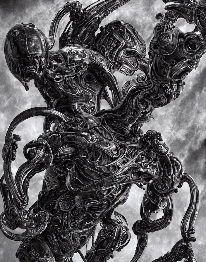 Image similar to engineer prometheus face by Artgerm, xenomorph alien, highly detailed, symmetrical long head, smooth marble surfaces, detailed ink illustration, raiden metal gear, cinematic smooth stone, deep aesthetic, concept art, post process, 4k, carved marble texture and silk cloth, latex skin, highly ornate intricate details, prometheus, evil, moody lighting, hr geiger, hayao miyazaki, indsutrial Steampunk