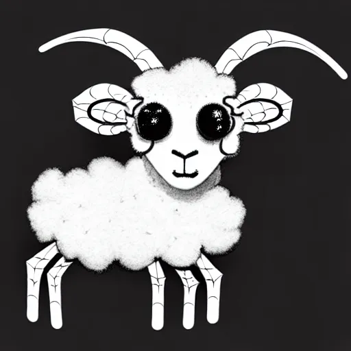 Image similar to transparent flat sheep in spiderweb clothes. fusion between lamb and cobweb. white eyes. pencil sketch, concept artsheep shape morph spider web