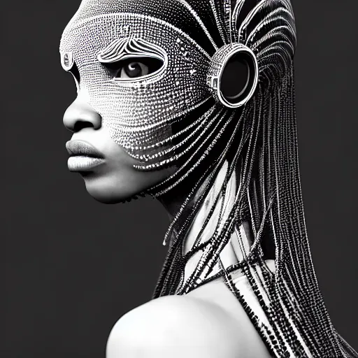 Image similar to portrait of an absurdly beautiful, graceful, sophisticated, fashionable black cyberpunk mechanoid gravure idol, ultrafine hyperdetailed illustration by irakli nadar, alek wek, matt wisniewski style, intricate linework, ebony skin, neon jellyfish headdress, ivory carved ruff, unreal engine 5 highly rendered, global illumination, radiant light, detailed and intricate environment