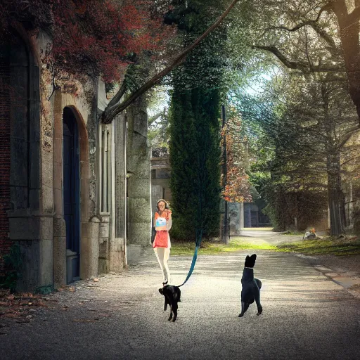 Image similar to Full lenght view contamporary art photography of ultra mega super hyper realistic girl walking with a dog . Photo on Leica Q2 Camera, Rendered in VRAY and DaVinci Resolve and MAXWELL and LUMION 3D, Volumetric natural light