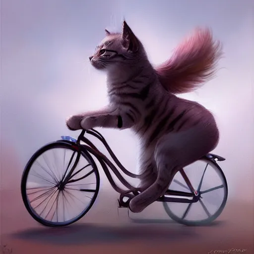 Image similar to head and shoulders masterpiece portrait of cute cat riding a bicycle, surreal background, digital art by Krenz Cushart, trending on artstation, cgsociety,