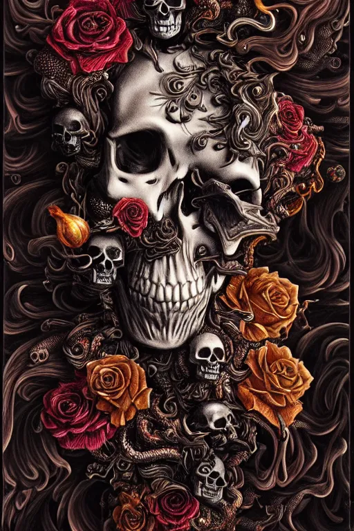 Image similar to magic smoke, black rose, skull grim reaper, kodachrome, 2 d, ray tracing global illumination, insanely detailed and intricate, hypermaximalist, elegant, ornate, hyper realistic, super detailed, by wangechi mutu