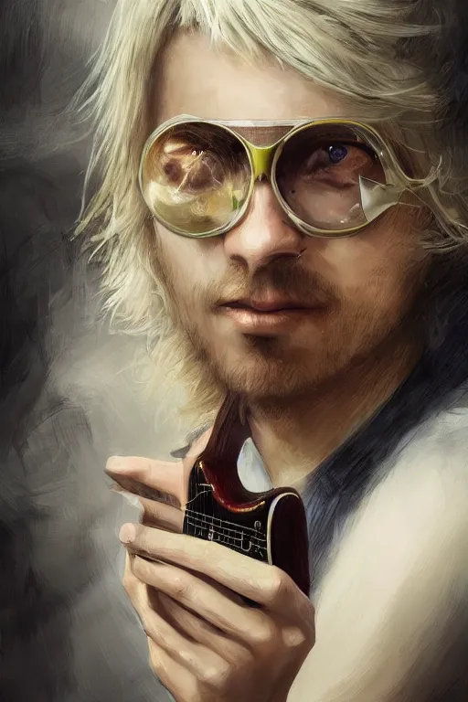 Image similar to blonde wild hair boy playing fender stratocaster, eye - patch, close - up portrait, plain white tshirt, powerfull, intricate, elegant, volumetric lighting, scenery, digital painting, highly detailed, artstation, sharp focus, illustration, concept art, ruan jia, steve mccurry