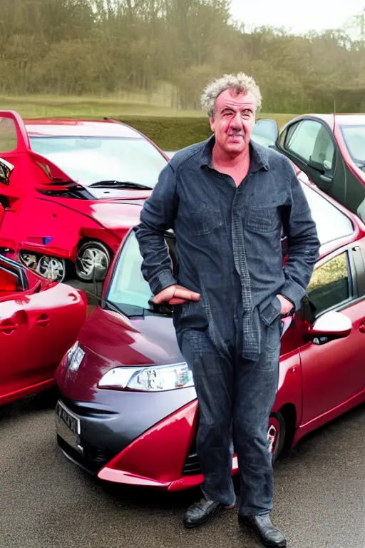 Prompt: jeremy clarkson driving a red toyota prius racing richard hammond