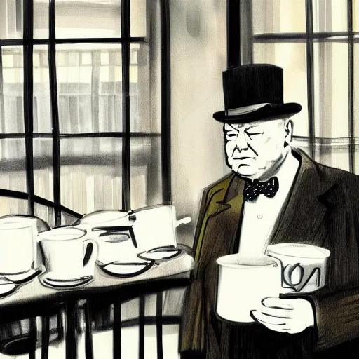 Prompt: Winston Churchill waiting for a cup of coffee in Starbucks, digital art