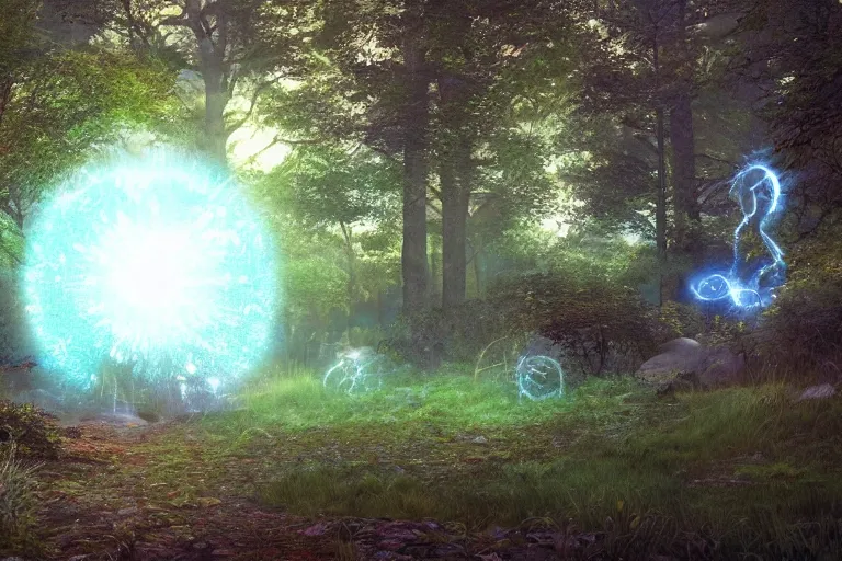 Image similar to A cosmic portal in a fantasy enchanted forest. Cinematic lighting. Photorealism.