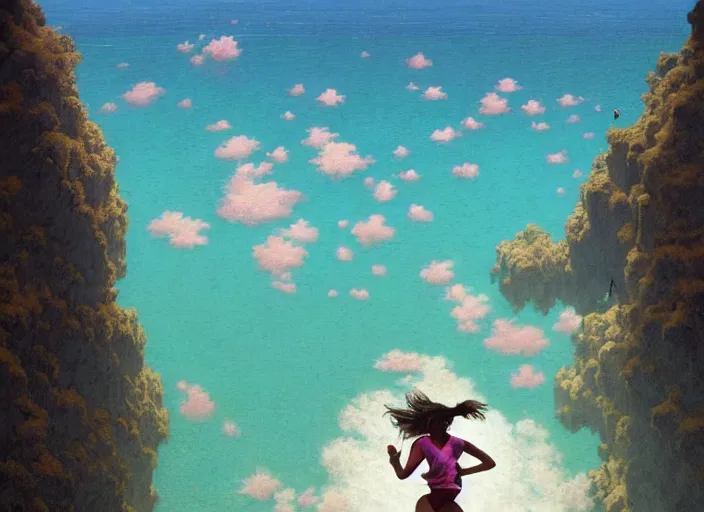 Image similar to aerial shot of a gorgeous inspiring girl jogging by the sea made of fluffy kittens in Mandelbrot fractal by Craig Mullins, ilya kuvshinov, krenz cushart, artgerm trending on artstation by Edward Hopper and Dan Mumford and WLOP and Rutkovsky, beksinski carl spitzweg moebius and tuomas kocar, intricate artwork by caravaggio, Unreal Engine 5, Lumen, Nanite