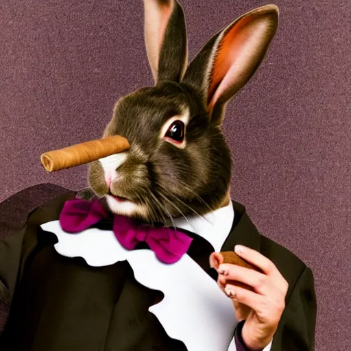 Prompt: a violet rabbit smoking a cigar, stock photo