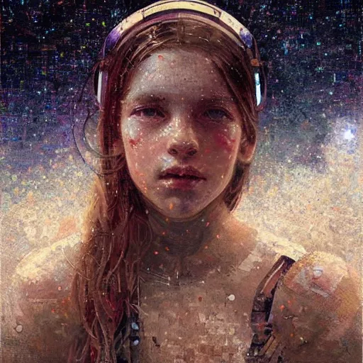 Image similar to mosaic portrait of a beautiful young girl with robot ears falling into the universe by greg rutkowski, 4k, intricate details, dichotomy