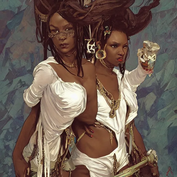 Prompt: african domme mistress, dominatrix full body, dominatrix, tribal, smooth white tight clothes, ornate, very beautiful, concept art, realistic painting, digital art by greg rutkowski, by alphonse mucha